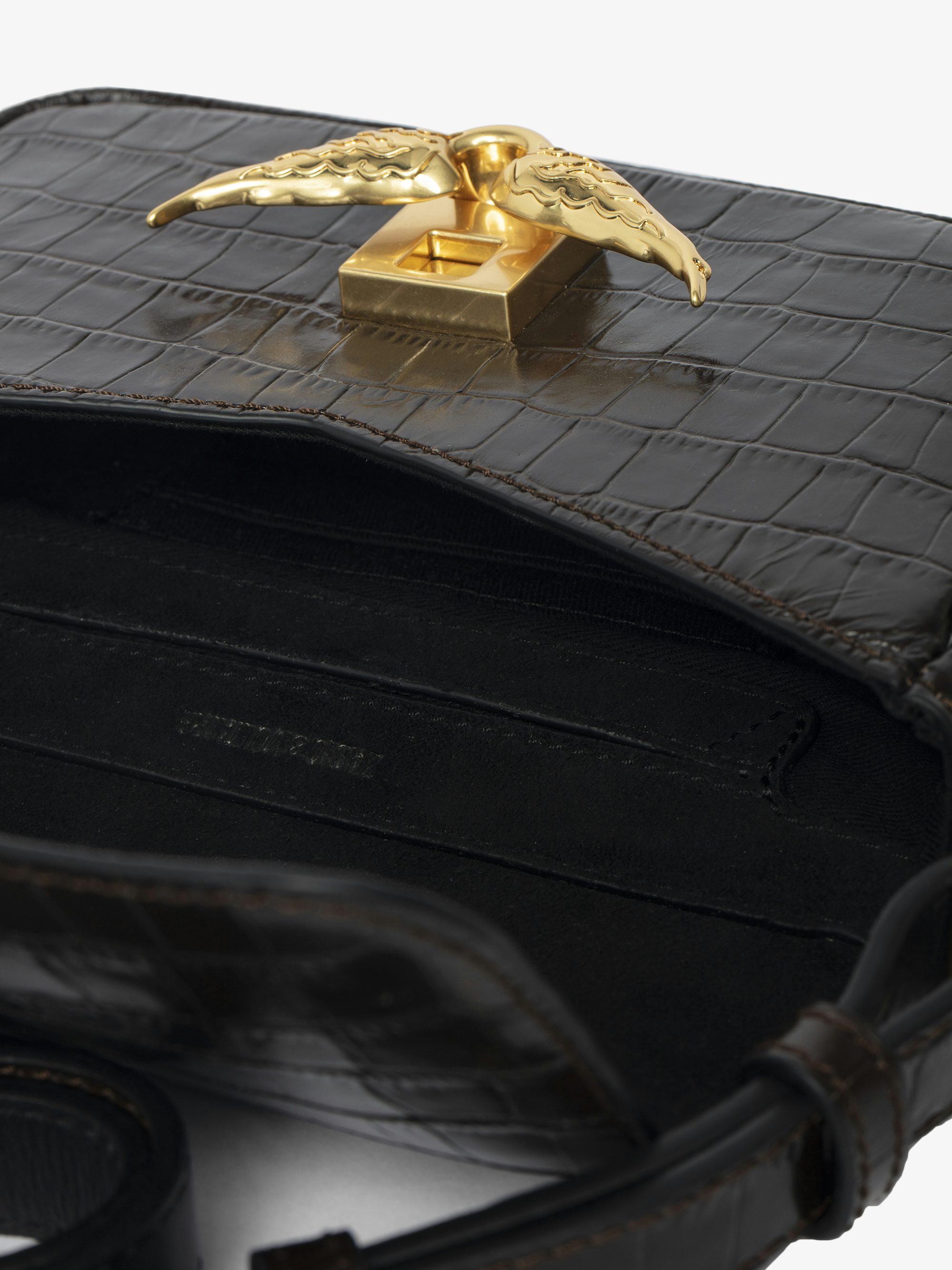 Le Zazi Croco Bag - Small croco-effect leather bag with adjustable shoulder strap and signature wings.
